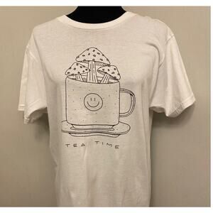 MNRK Women's Medium Mushroom Tea Time Black Scraps White Graphic Tee Shirt